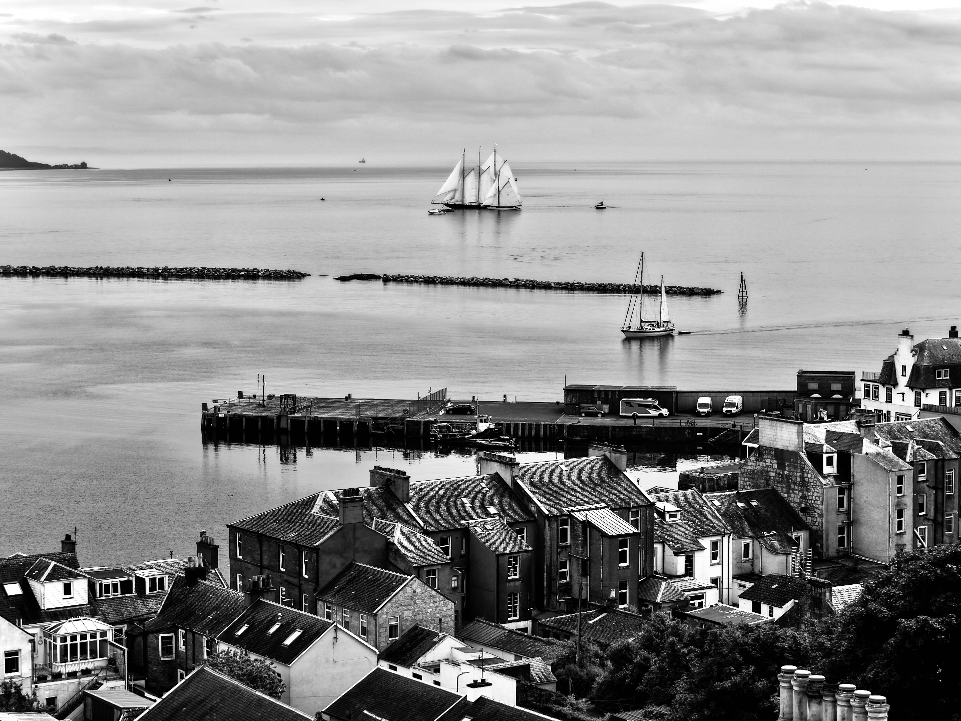 Tall ship off a Scottish harbour