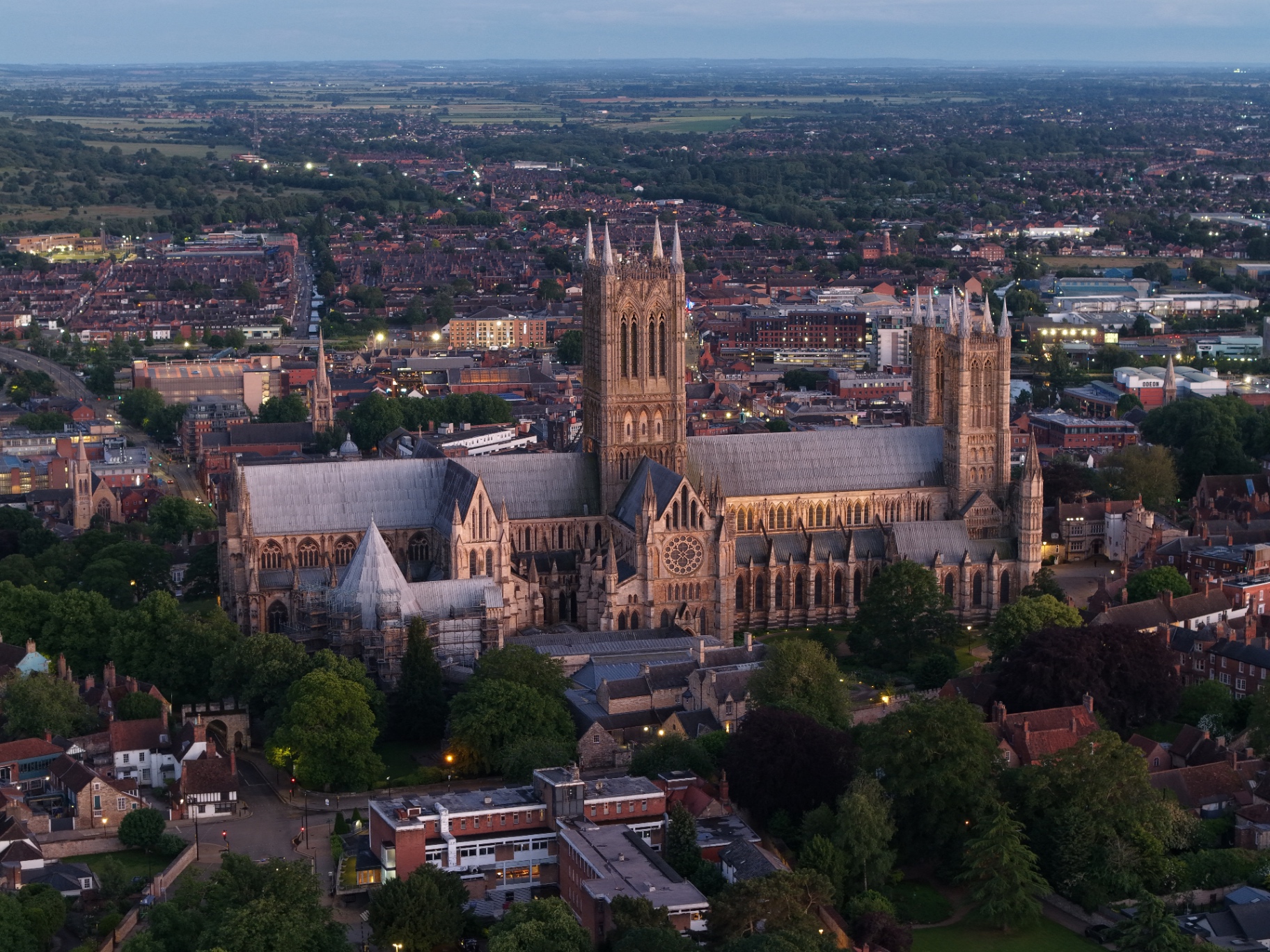 Aerial view of Lincoln Cathedral at dusk